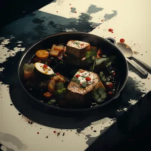 Delicious meal on plate with wok and clock