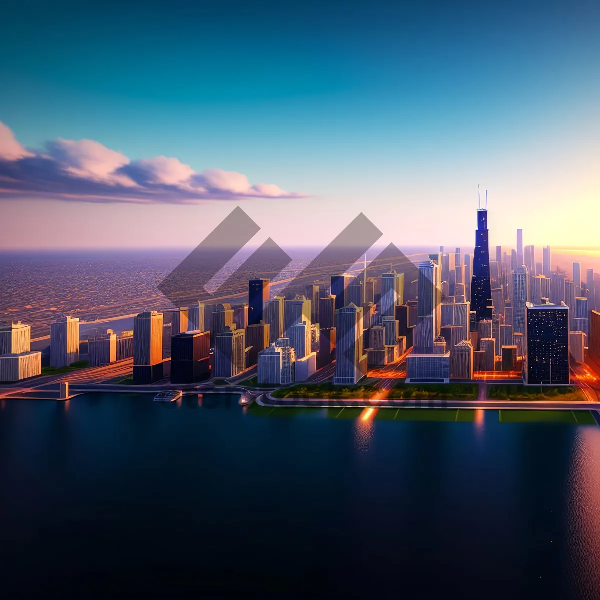 Picture of Nighttime urban skyline reflecting on waterfront