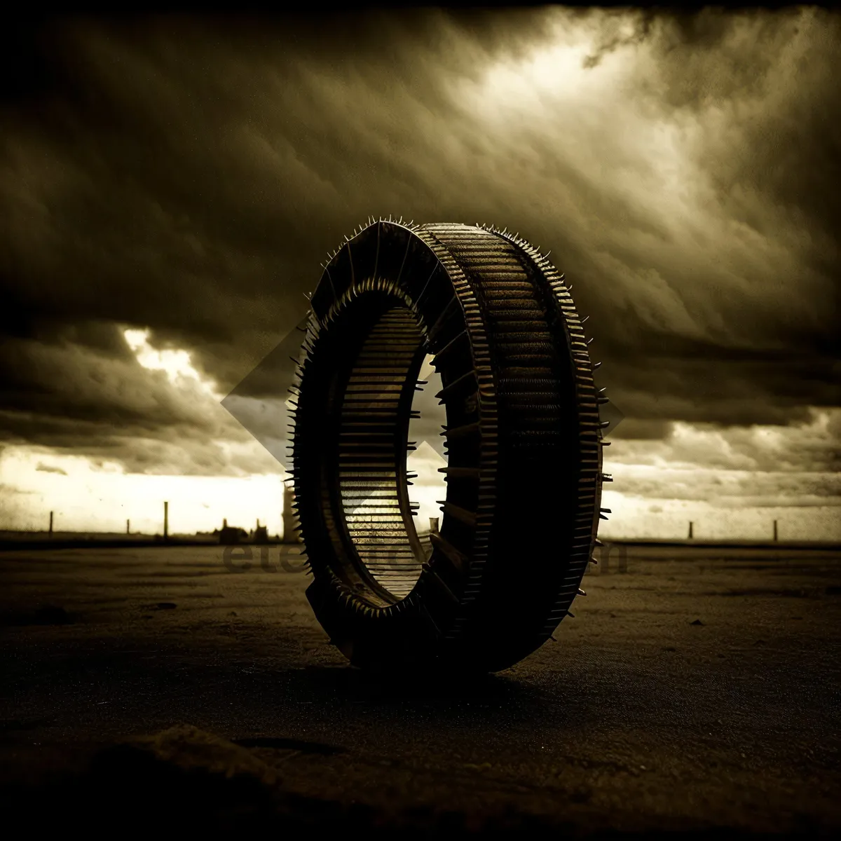 Picture of Sunset Wheel: Tranquil Tire Rolls Across Heavenly Landscape