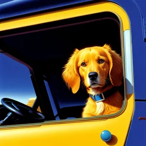 Happy Golden Retriever Puppy Sitting in Car