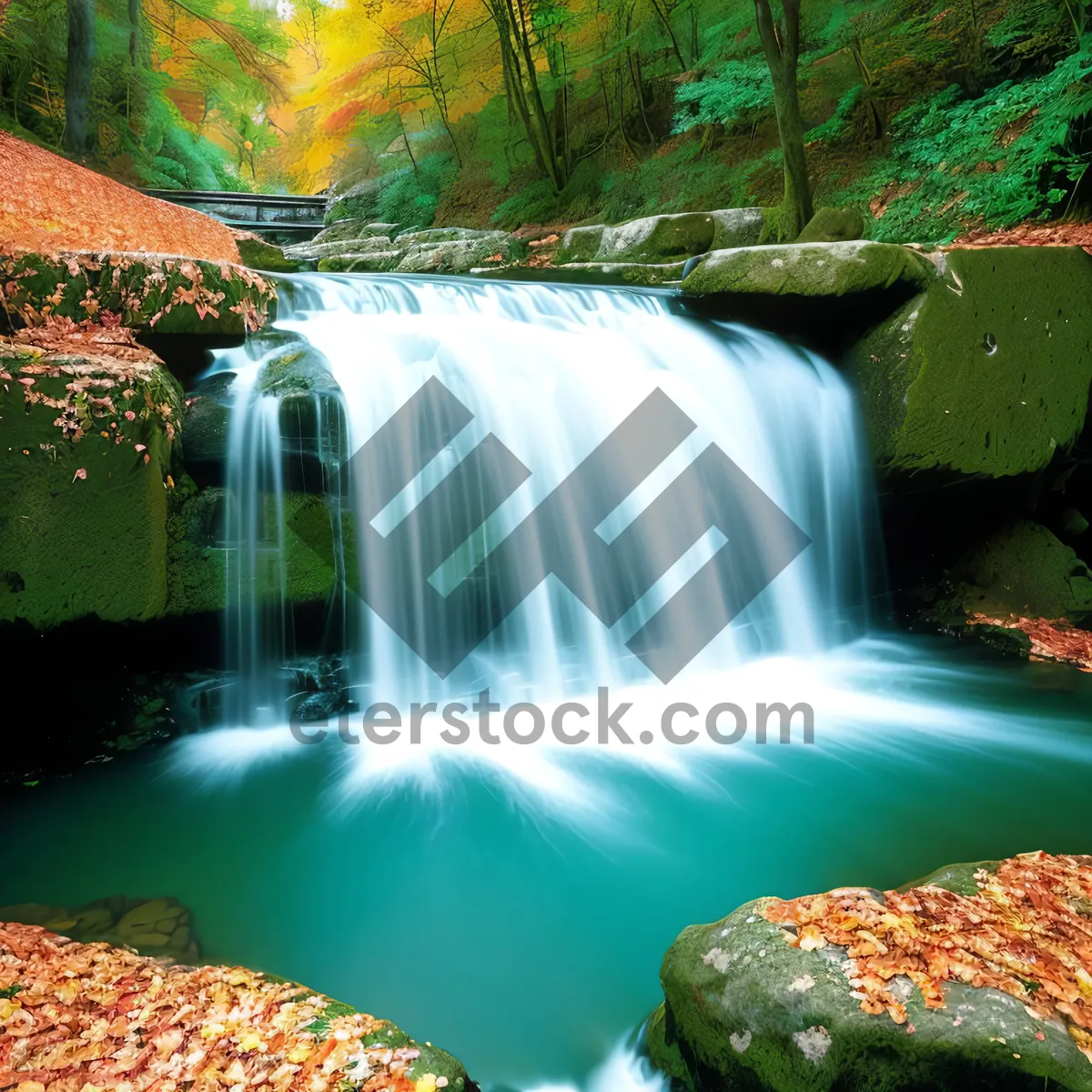 Picture of Majestic Waterfall Flowing Through Serene Forest