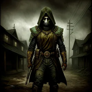 Warrior's Strength: Armed Soldier with Protective Mask and Sword