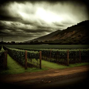 Rural Landscape with Fence and Mountains