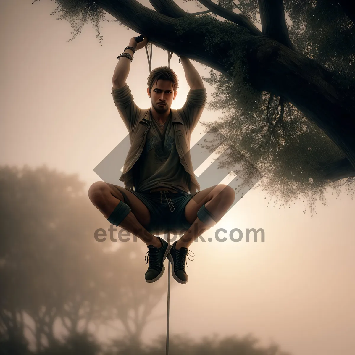 Picture of Happy Jumping Athlete Soaring in Sunset Sky