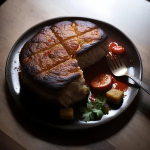 Delicious grilled steak with tomato salad and bread.