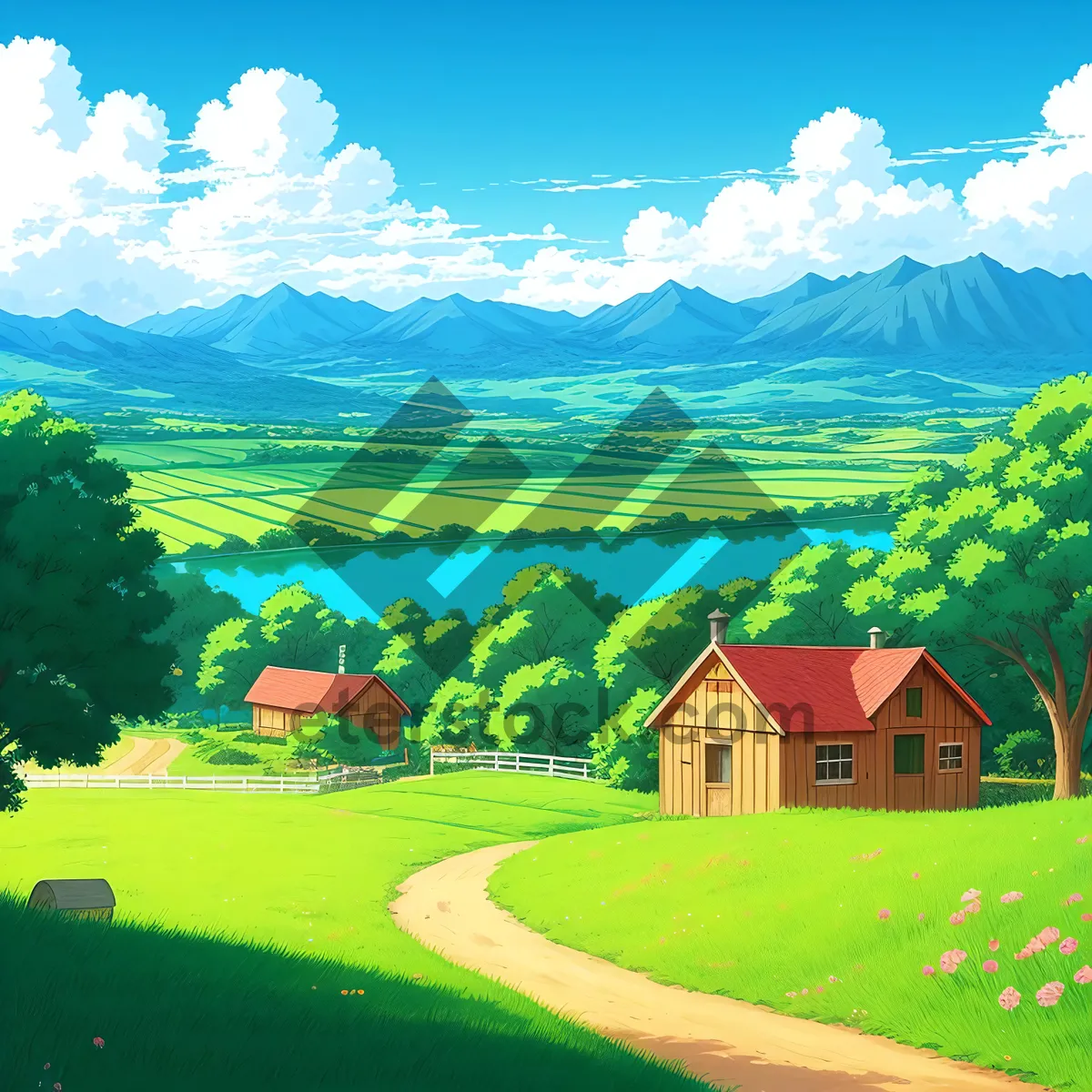 Picture of Rural Landscape with Barn and Green Meadow