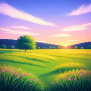 Idyllic Rural Sunrise Over Vast Meadow and Rolling Hills