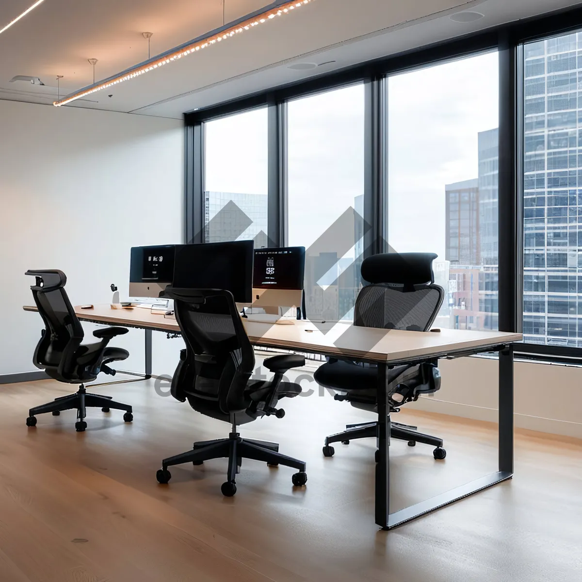 Picture of Modern luxury office interior with wooden furniture and lamp