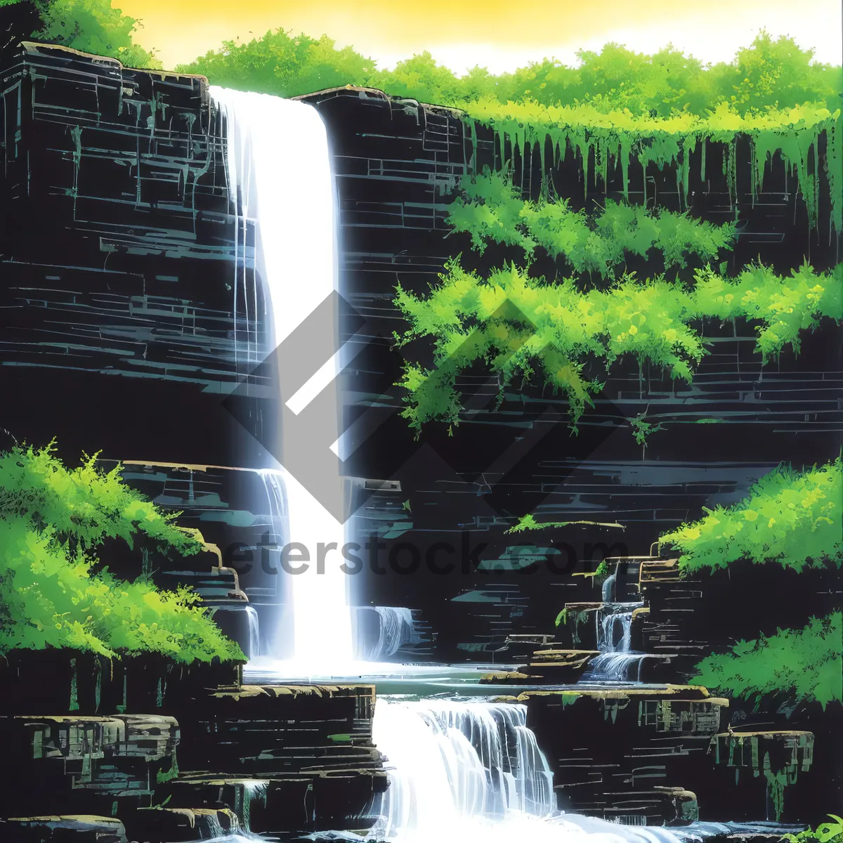 Picture of Serene Park Landscape with Waterfall and Fountain