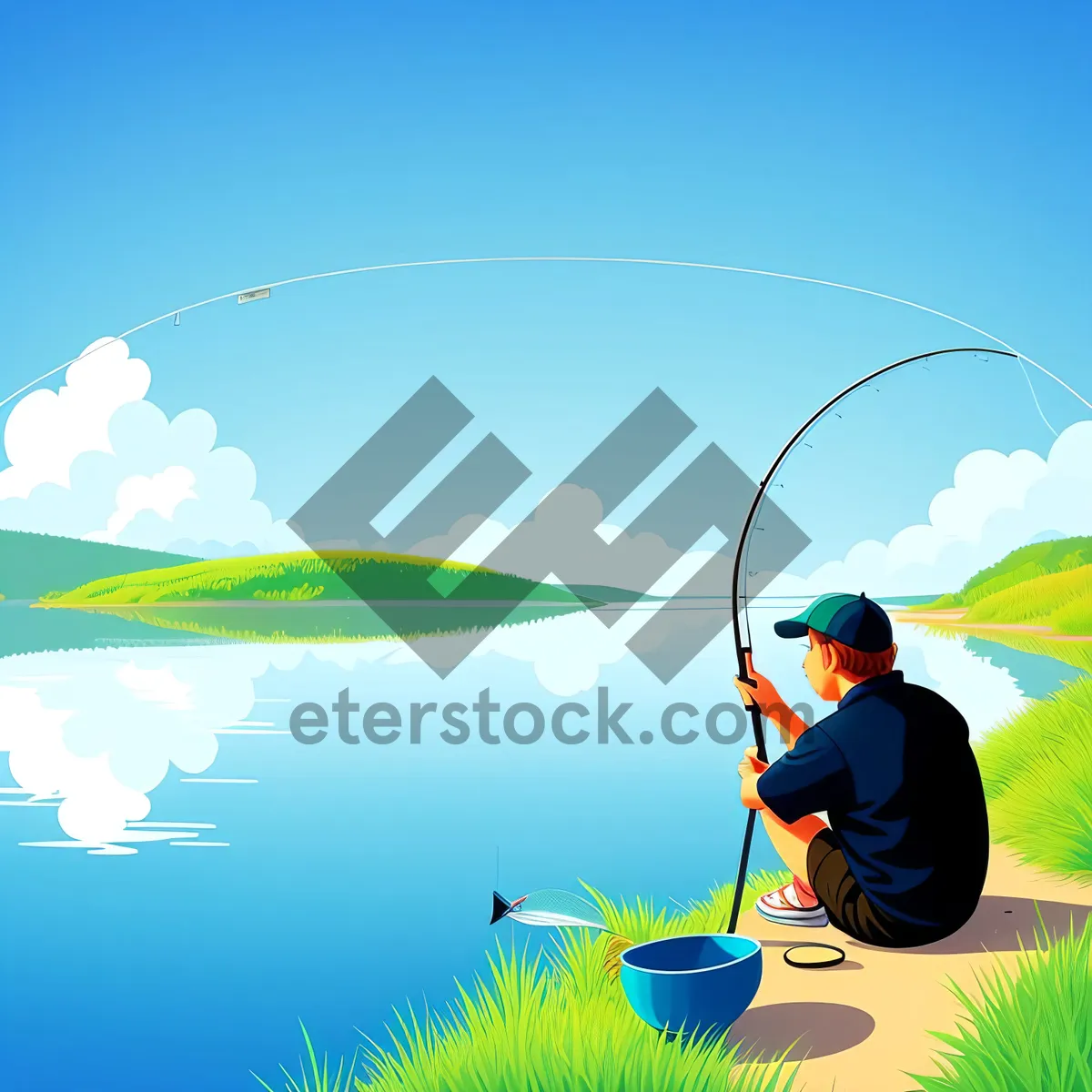 Picture of Serene Summer Landscape with Fisherman and Green Meadow