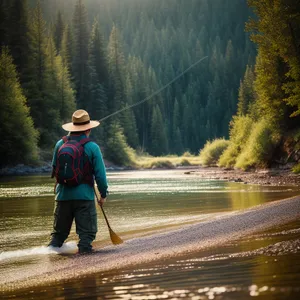 River Fishing: Man with Paddle and Reel