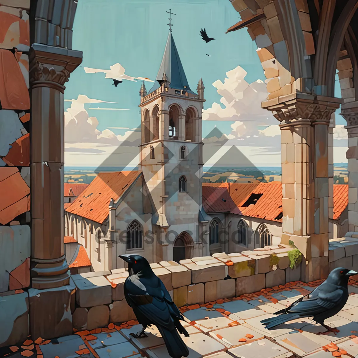 Picture of Medieval cathedral tower in historic city skyline