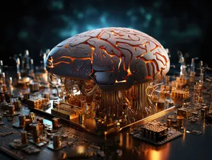 Sci-fi concept. The central computer processor in the form of an artificial brain microchip as the main element of the artificial intelligence system is installed on the motherboard of the supercomputer