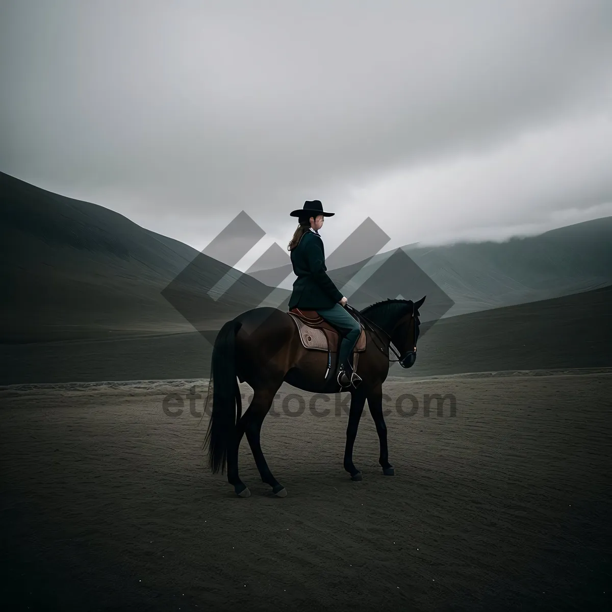 Picture of Rustic Equine Ranch Scene with Cowboy Riding Horse