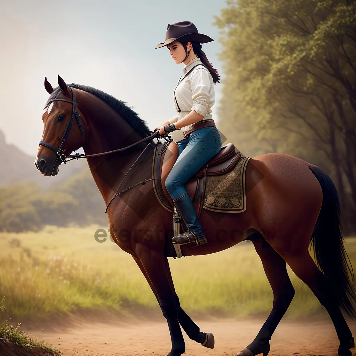 Picture of Thoroughbred Stallion in Sporty Stock Saddle