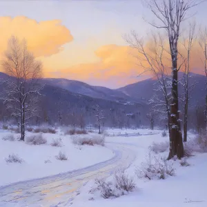 Winter Wonderland: Majestic snowy mountain landscape with pine trees.