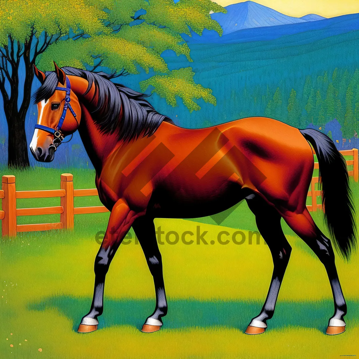 Picture of Thoroughbred Stallion Galloping through a Rural Meadow