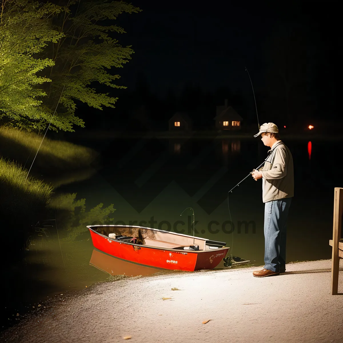 Picture of Male fisherman paddling boat with rotating mechanism oar