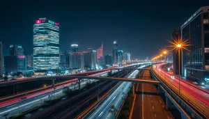 Urban Night Scene with Traffic on City Bridge