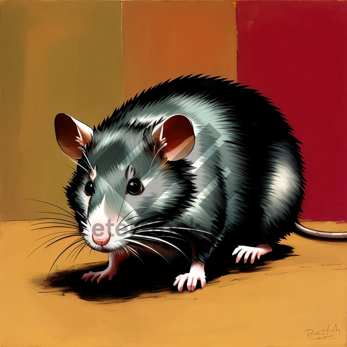 Picture of Furry Kitty Sniffing Cute Mouse