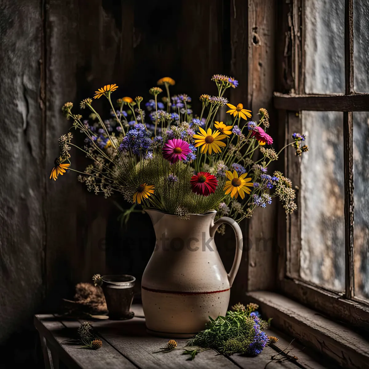 Picture of Windowsill garden decoration with flower-filled vases.