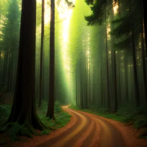 Misty Morning Serenity: Forest Path through Sunlit Woods