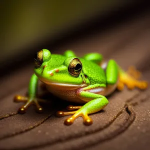 Vibrant-eyed Tree Frog Peeking from Leaves