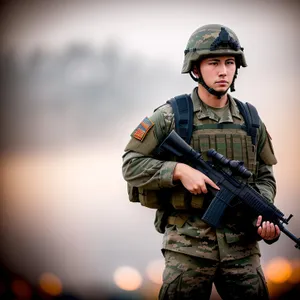 Male Soldier in Military Uniform with Assault Rifle