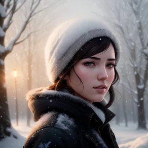 Snowy Smiles: A Fashionable Winter Traveler with Joyful Expression