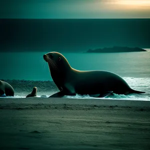 Arctic Eared Seal Splashing in Ocean