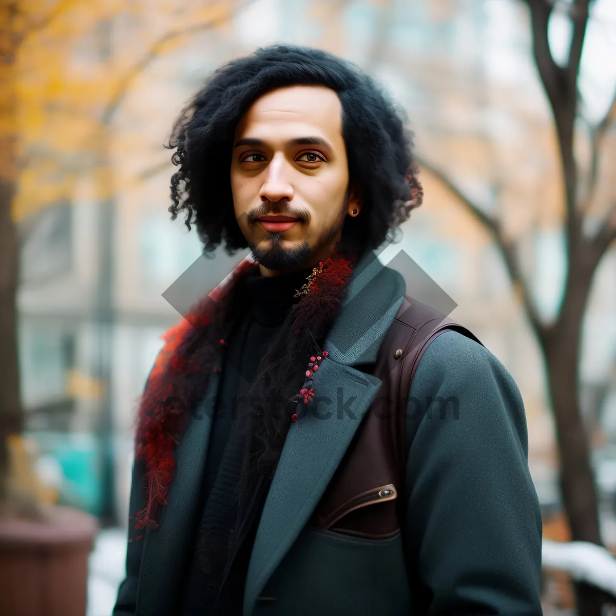 Picture of Fashionable brunette model smiling in casual outdoor portrait.