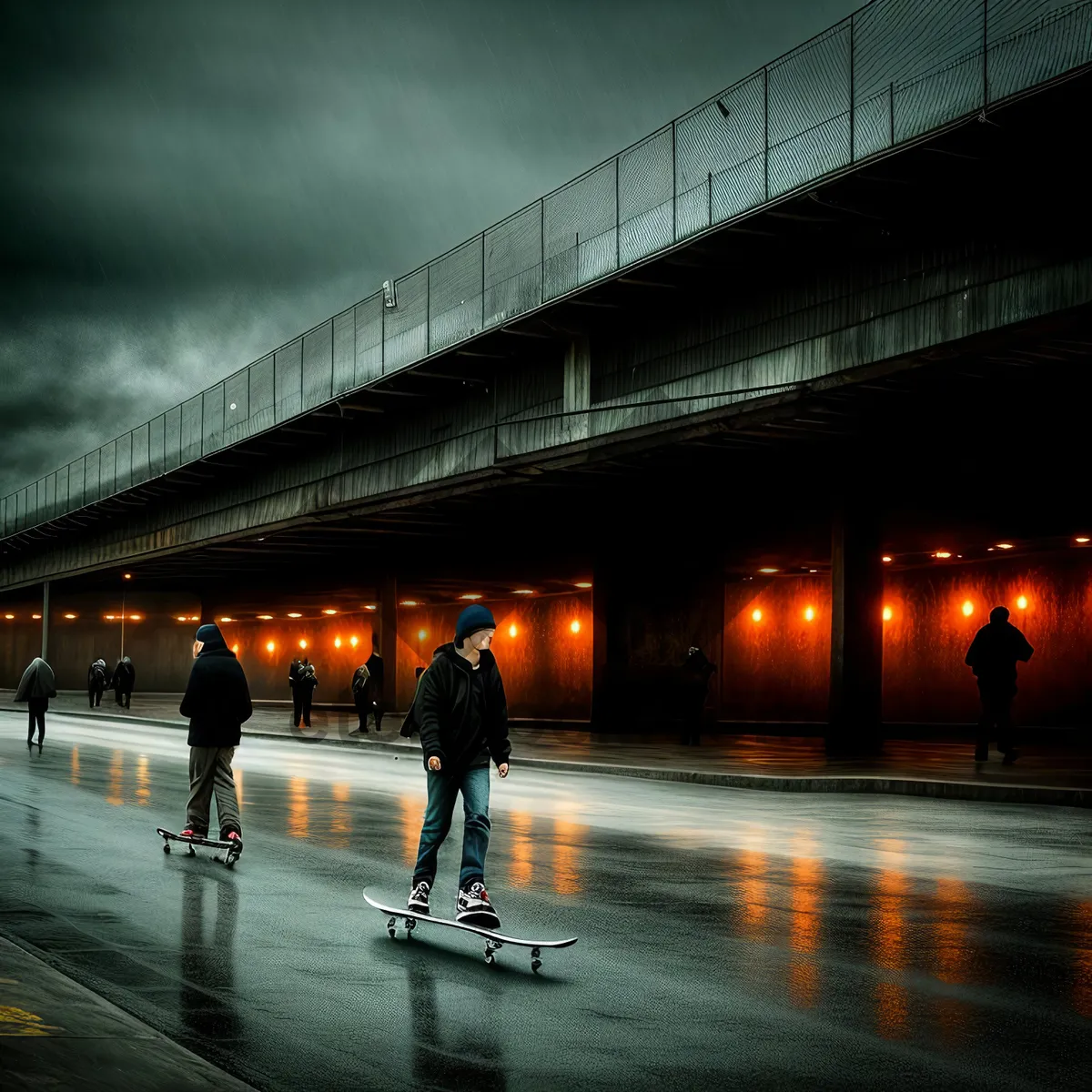 Picture of Nighttime Cityscape with Expressway Bridge and River