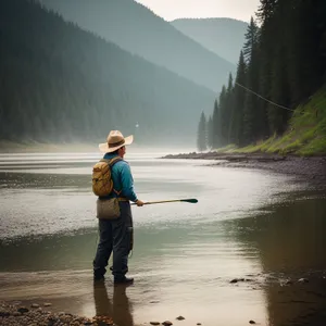 Man Fishing with Paddle on Sunny Beach