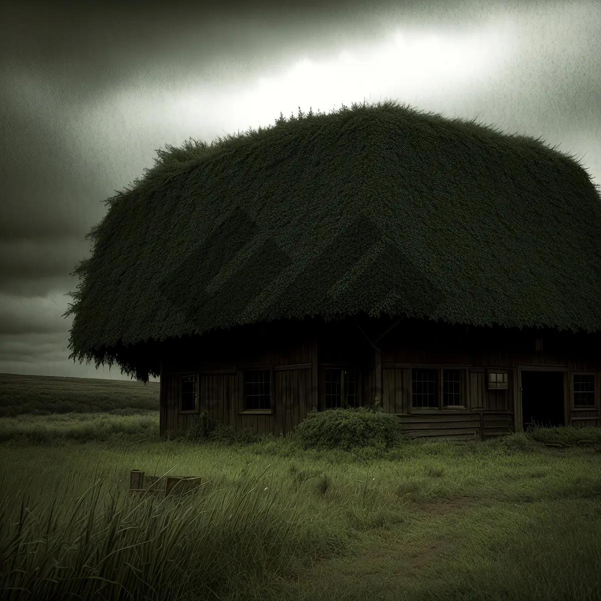 Picture of Tropical beach hut with thatch roof against scenic sky.