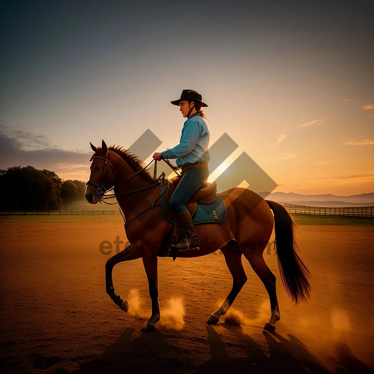 Picture of Sunset Ride: Majestic cowboy on horseback with stock saddle