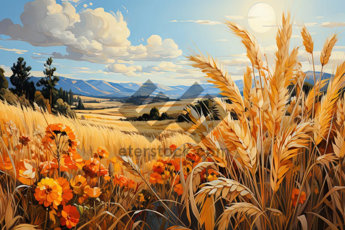 Picture of Sunset over golden cereal field in rural landscape