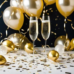 Champagne glasses on festive table setting for New Year's party