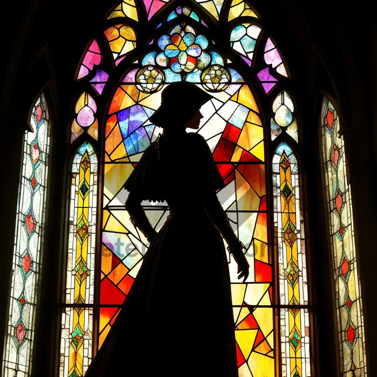 Picture of Stained glass masterpiece in historic cathedral.