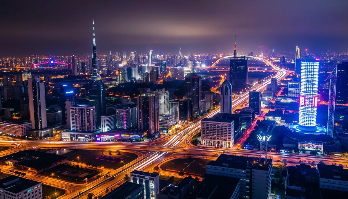 Picture of Modern city skyline at dusk reflecting on water