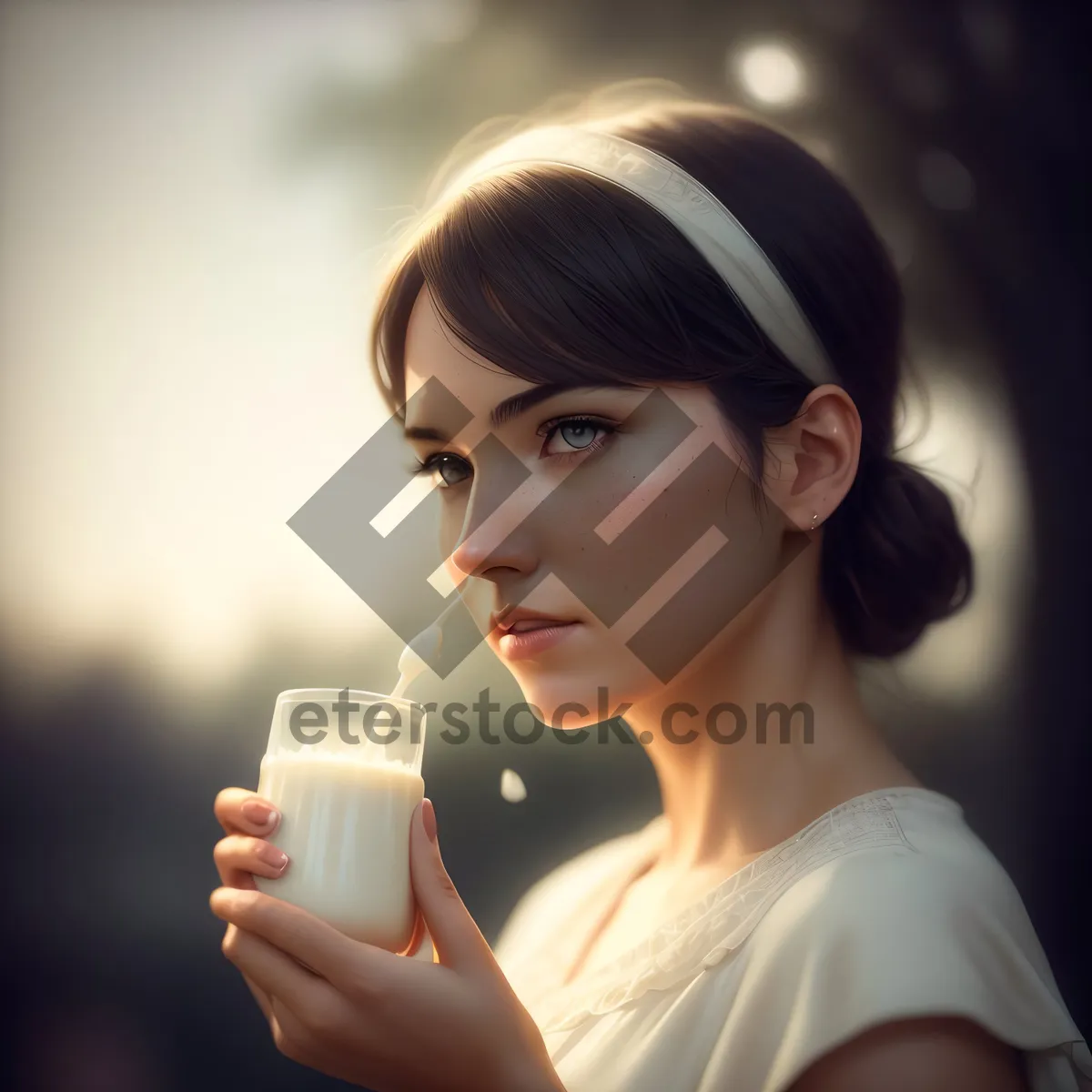 Picture of Happy brunette woman enjoying a refreshing drink