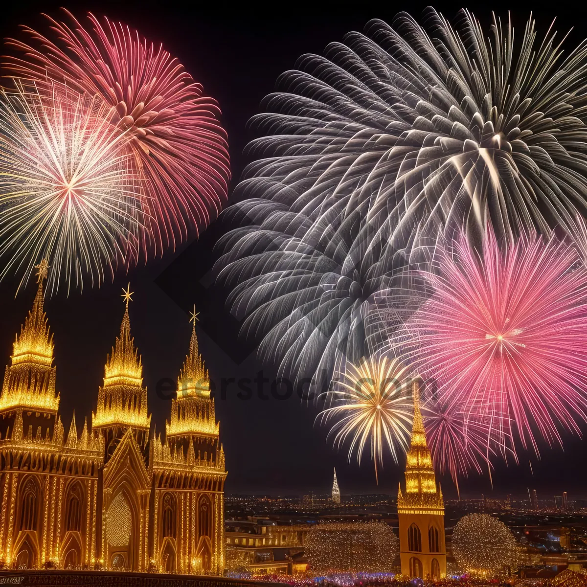 Picture of Midnight Spectacle: Radiant Fireworks Illuminate City Skyline
