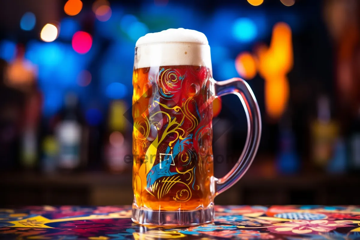 Picture of Coffee mug on restaurant table with beer glass