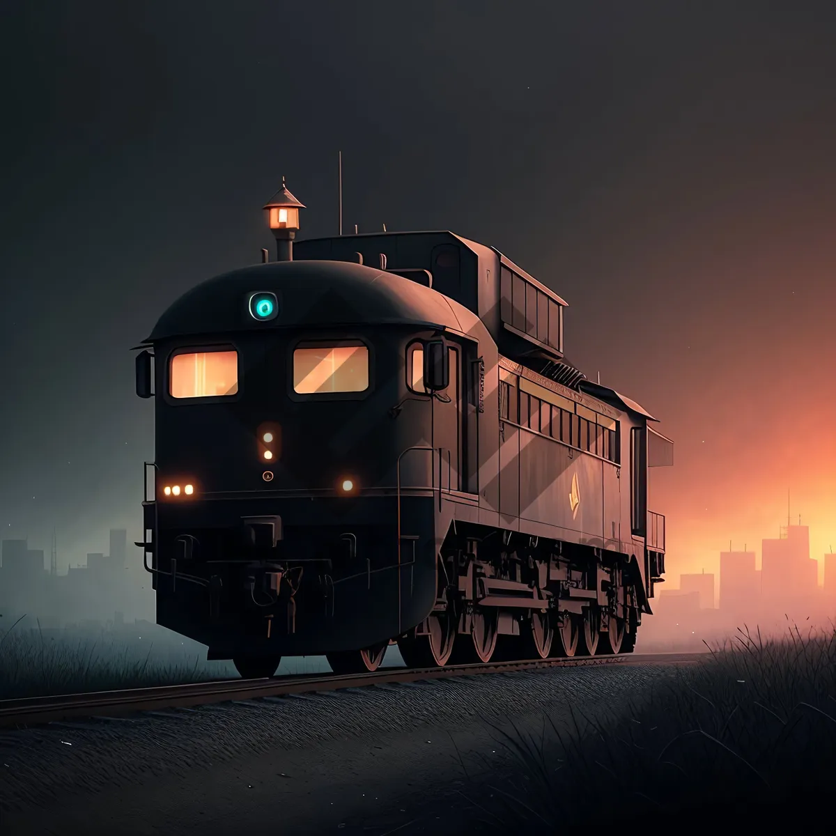 Picture of Vintage locomotive crossing city skyline