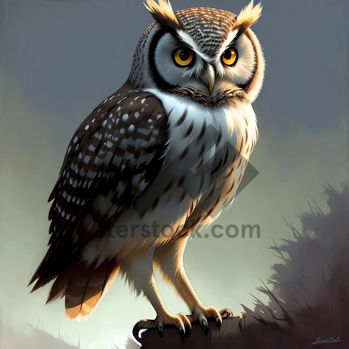 Picture of Intense Stare: Majestic Owl with Piercing Yellow Eyes