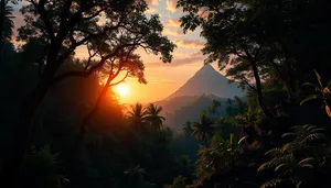 Silhouette sunset over ocean with tree and mountains.