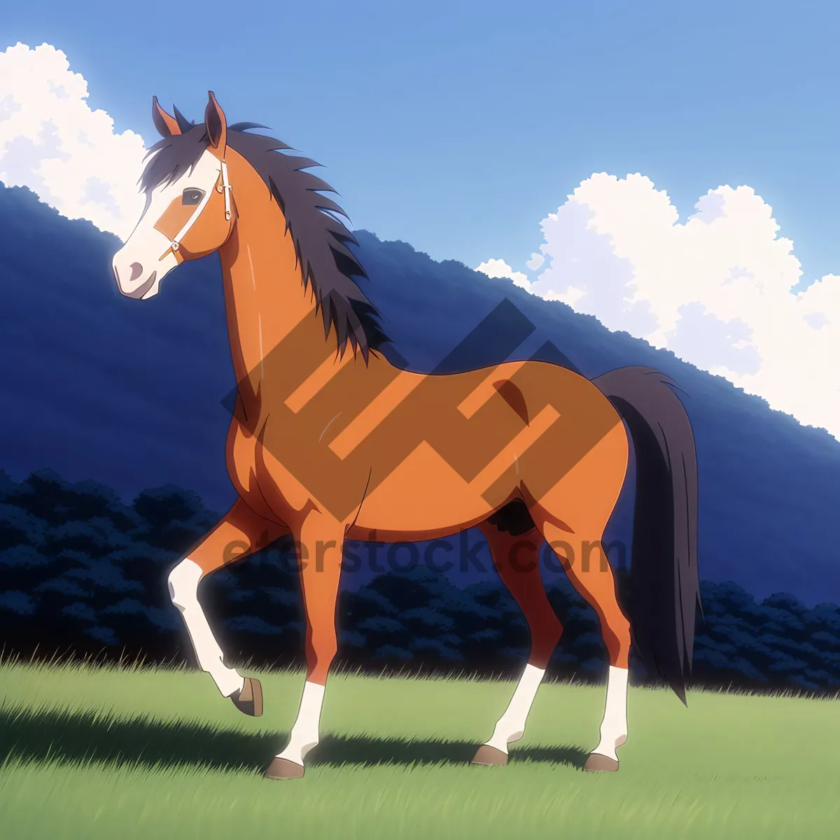 Picture of Majestic brown stallion galloping in rural meadow.