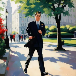 Successful businessman in office building with confident team.