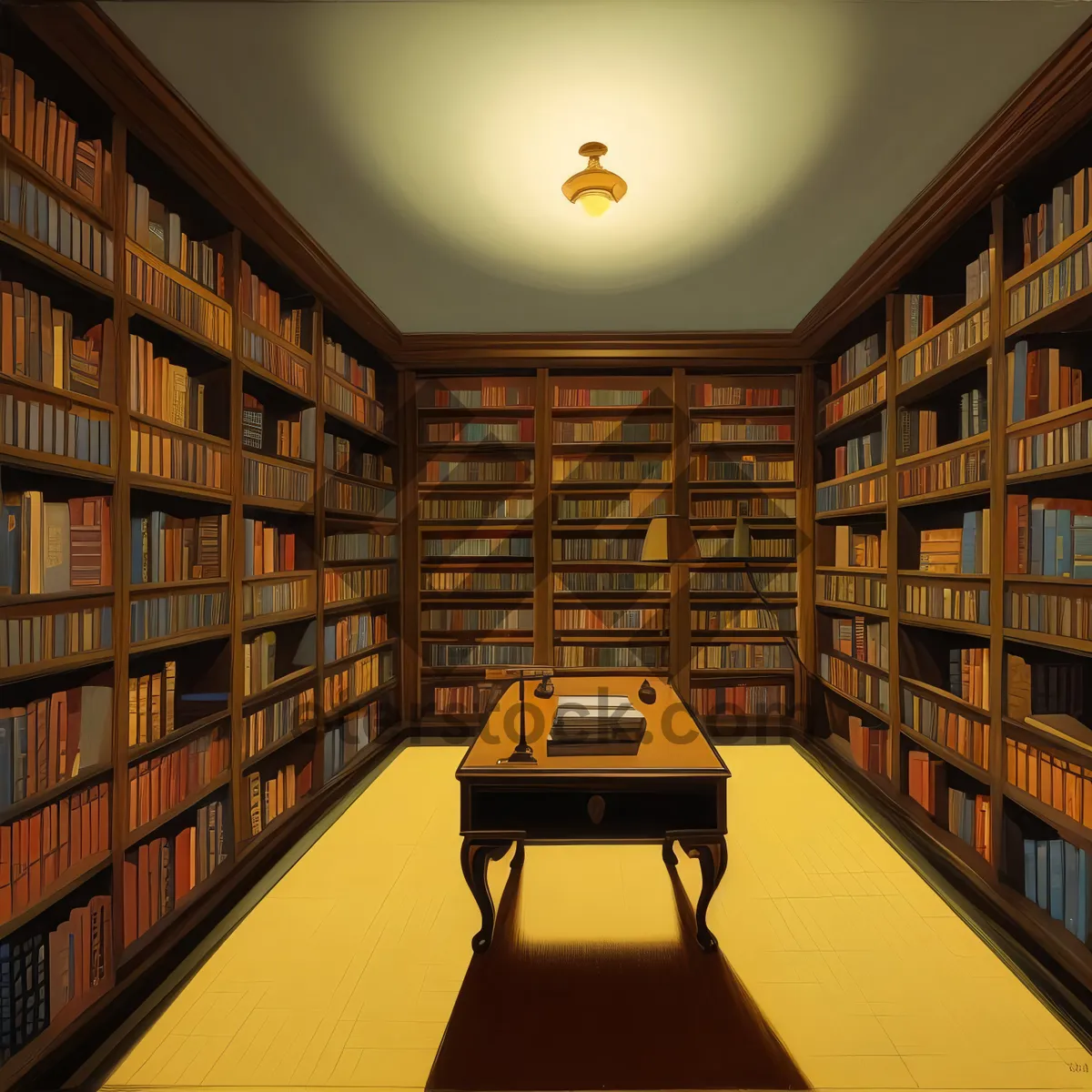 Picture of Modern home library with table, shelf, books.