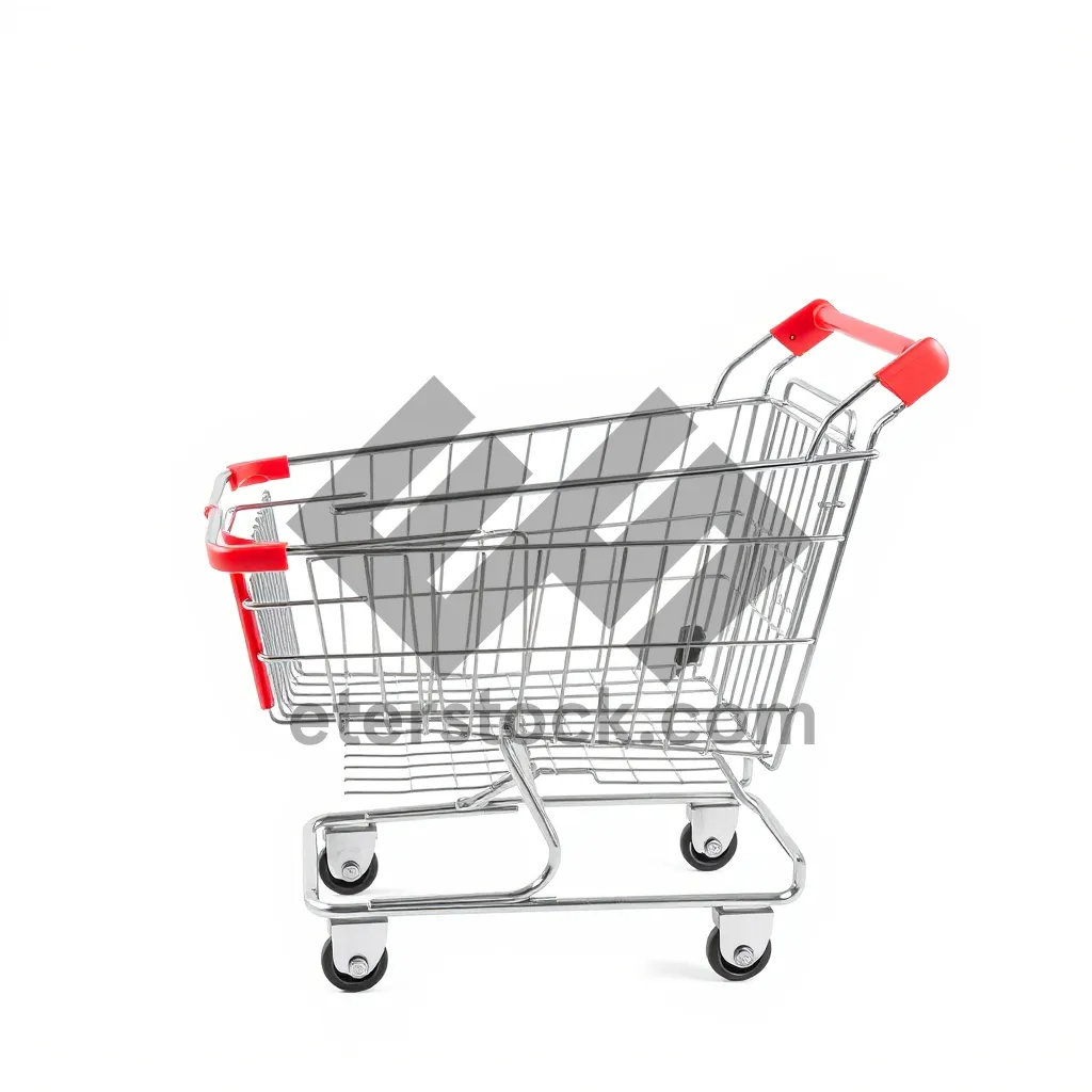 Picture of 3D metal shopping cart on wheels in supermarket.