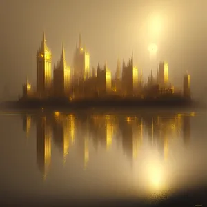 Nighttime Skyline Reflection on River: Urban Landmark